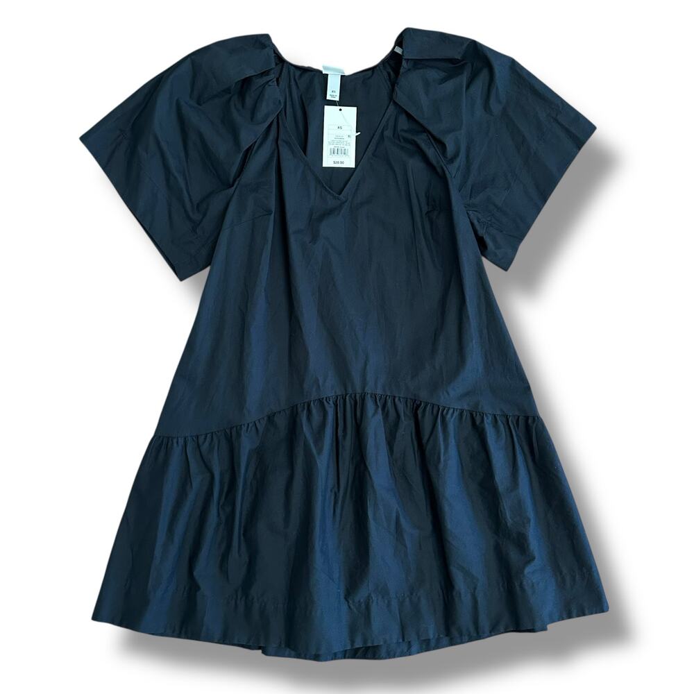 A New Day Black Cotton Tiered Mini Dress XS Puff Sleeve NWT